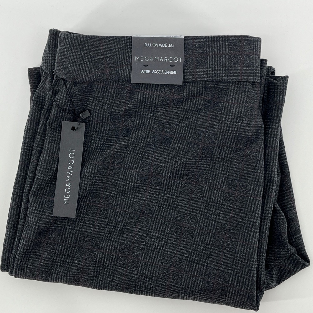 Meg & Margot. Pull On Wide Leg Pants, Women, L, Gray, Plaid PO26579RO